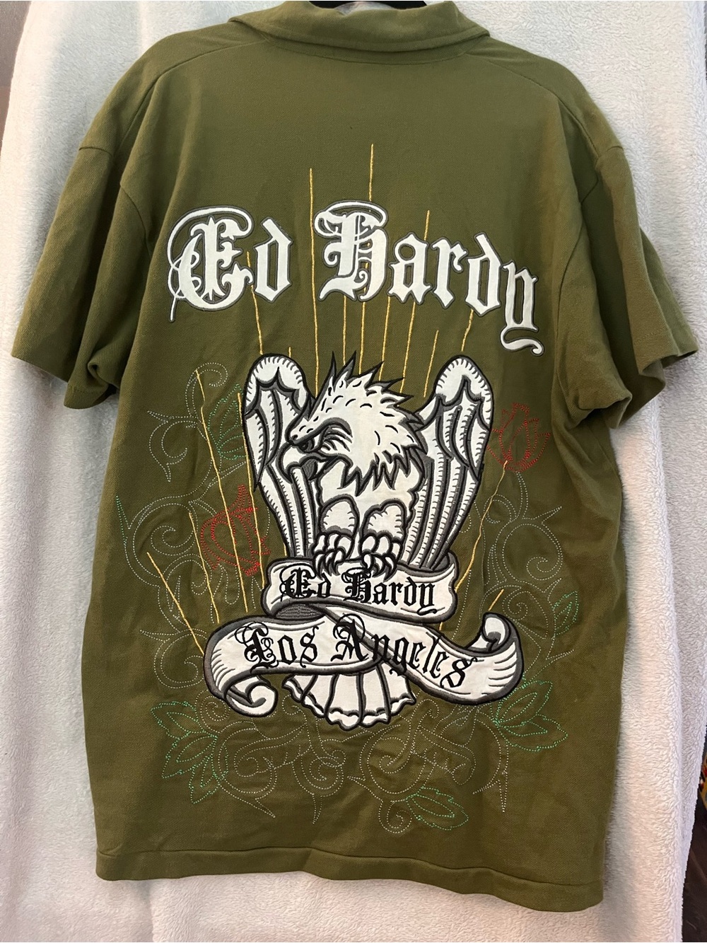 Ed Hardy Men's L Green Eagle Graphic Print Knit Short Sleeve Collared Polo